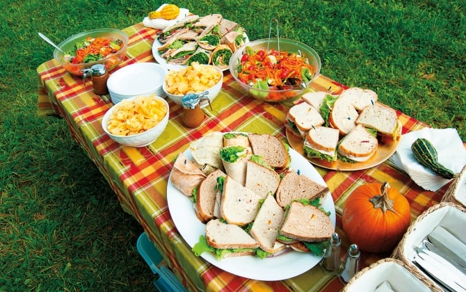set picnic table with assorted foods