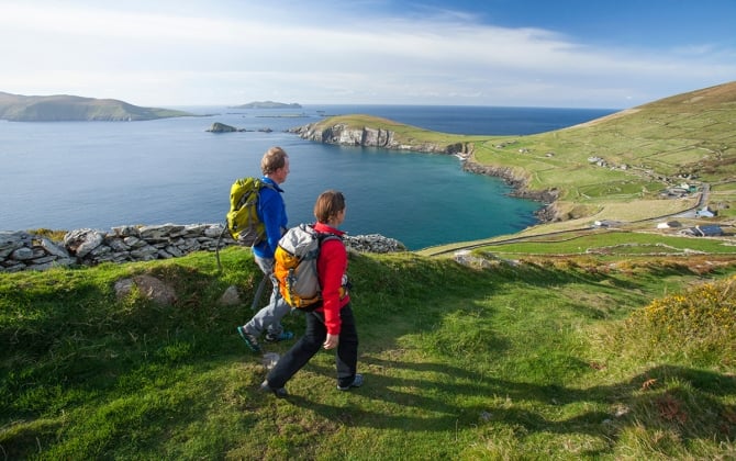 Walkers on the Dingle Way above Slea Head, Dingle Peninsula, County Kerry, Ireland