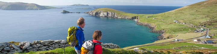 Walkers on the Dingle Way above Slea Head, Dingle Peninsula, County Kerry, Ireland