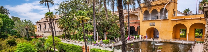 View overlooking the gardens of the Alcazar palace in Seville, Andalusia, Spain