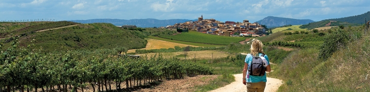 woman walking on a dirt trail by a vineyard with a village in the distance in Spain