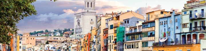 Sunrise view of Girona, Spain with Eiffel Bridge