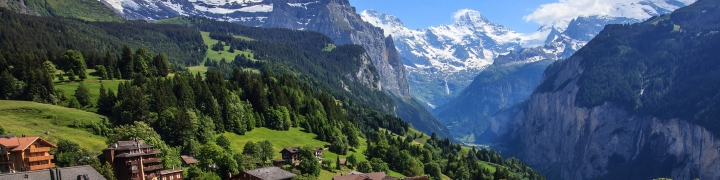 View of Wengen town, Jungfrau and Lauterbrunnen valley, Switzerland