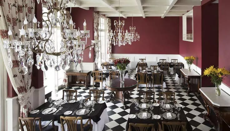 hotel dining area with black and white checkered floor