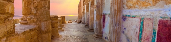 The ruins of the palace of King Herod's Masada at sunset, in Israel