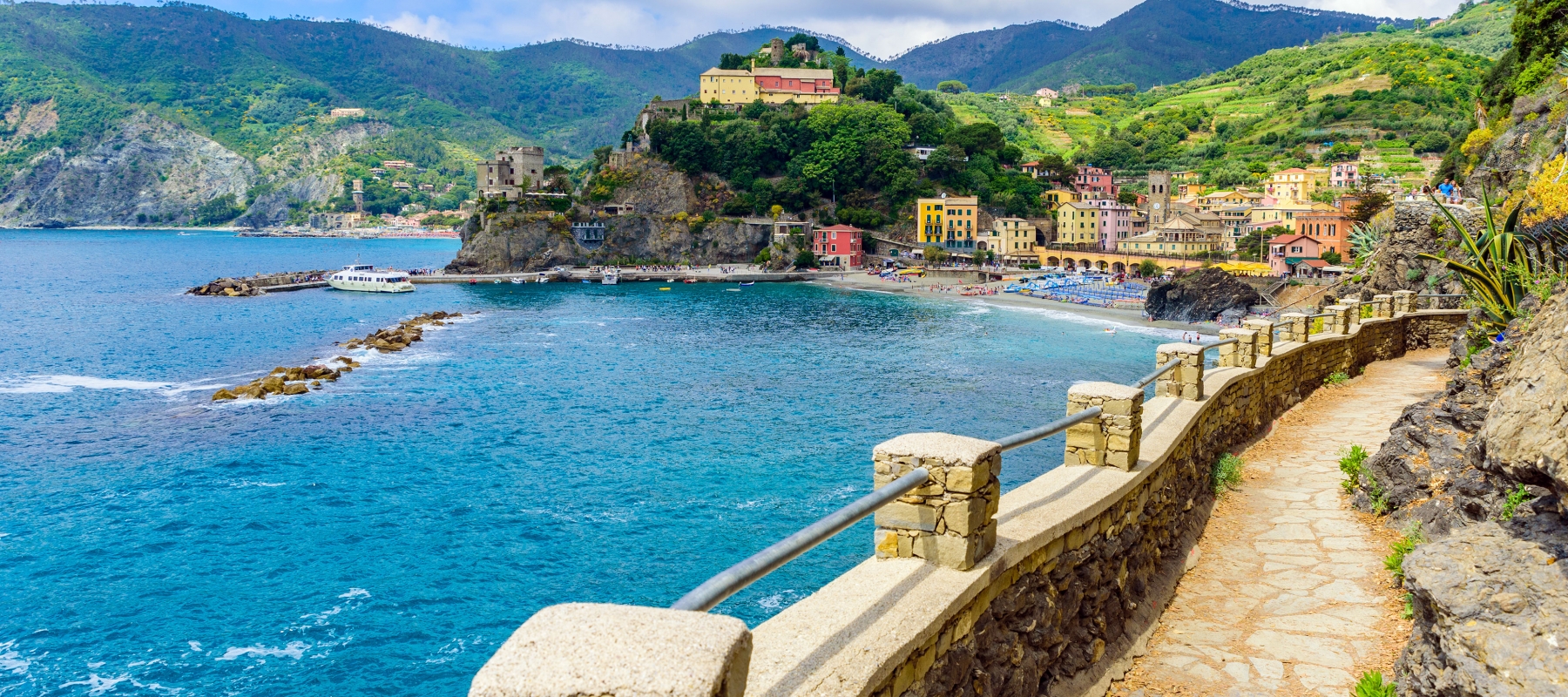 A stone pathway with coastal views of Monterosso, a village of Cinque Terre National Park at Coast of Italy.